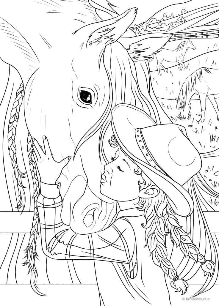 Enfärgläggningsbild Av En Flicka Som Kysser En Häst.