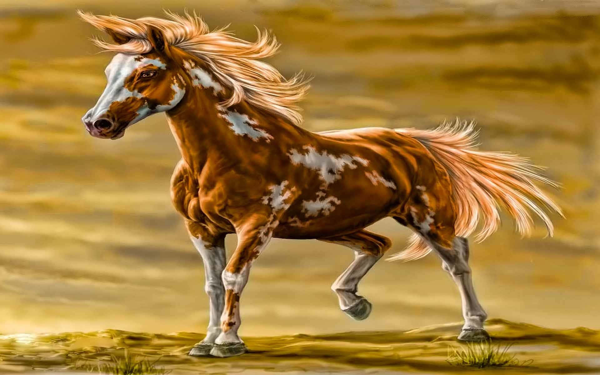 a painting of a horse running in the desert