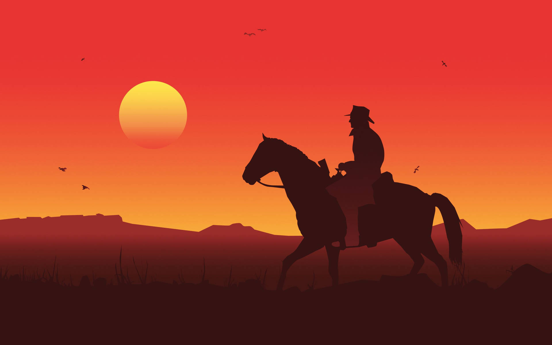 Reitemit Deinem Pferd Aus Red Dead Redemption 2 In Den Sonnenuntergang. Wallpaper