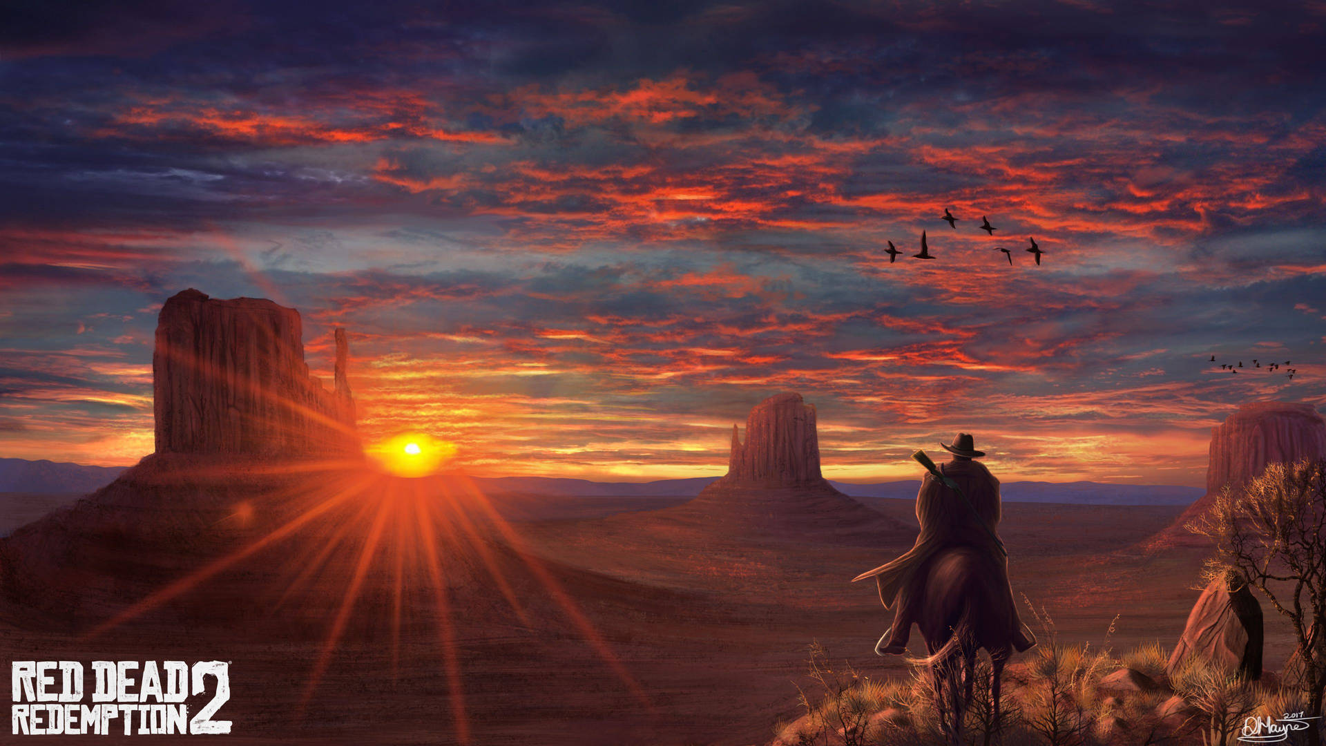 Hest Rød Død Redemption 2 Cowboy Solnedgang Visning Wallpaper