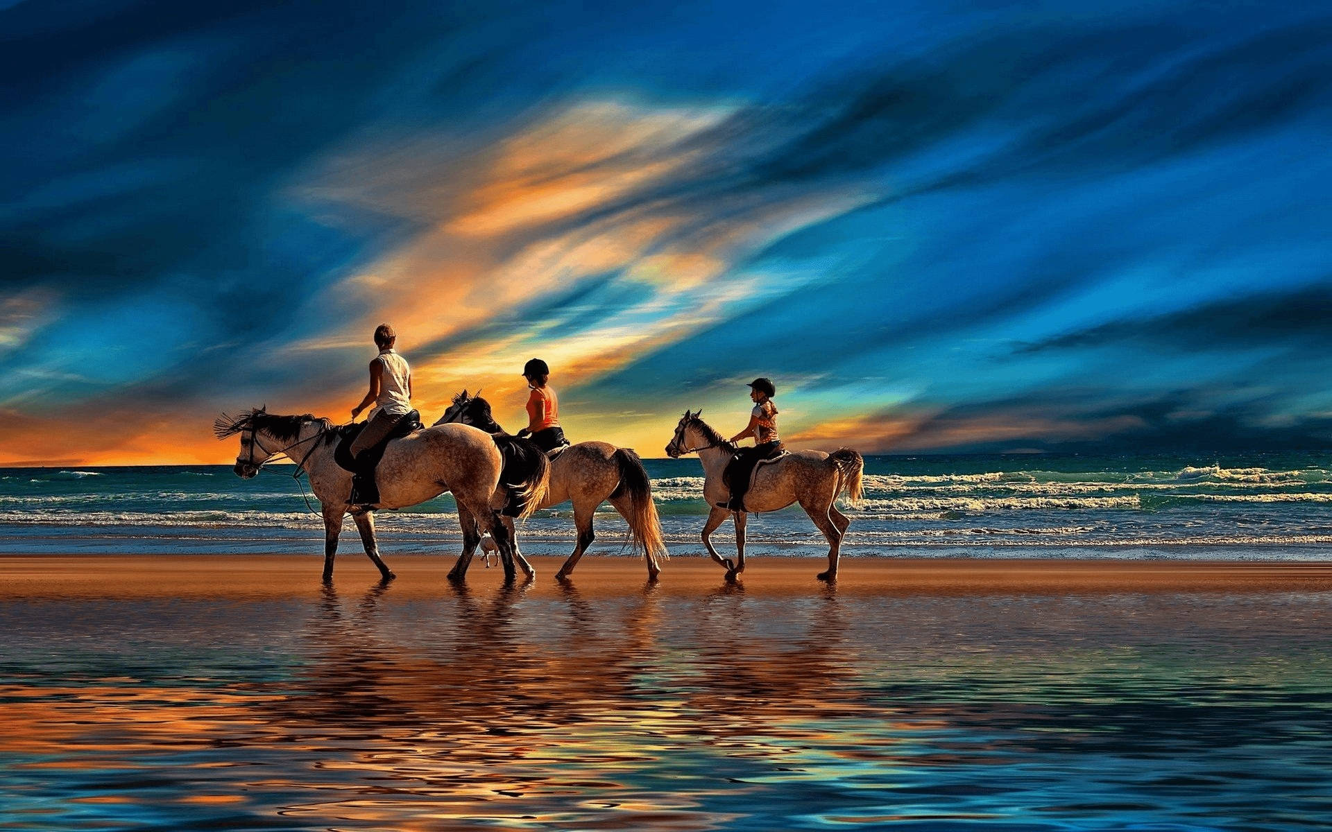 Horse Riding Family Beach Paint Art Wallpaper