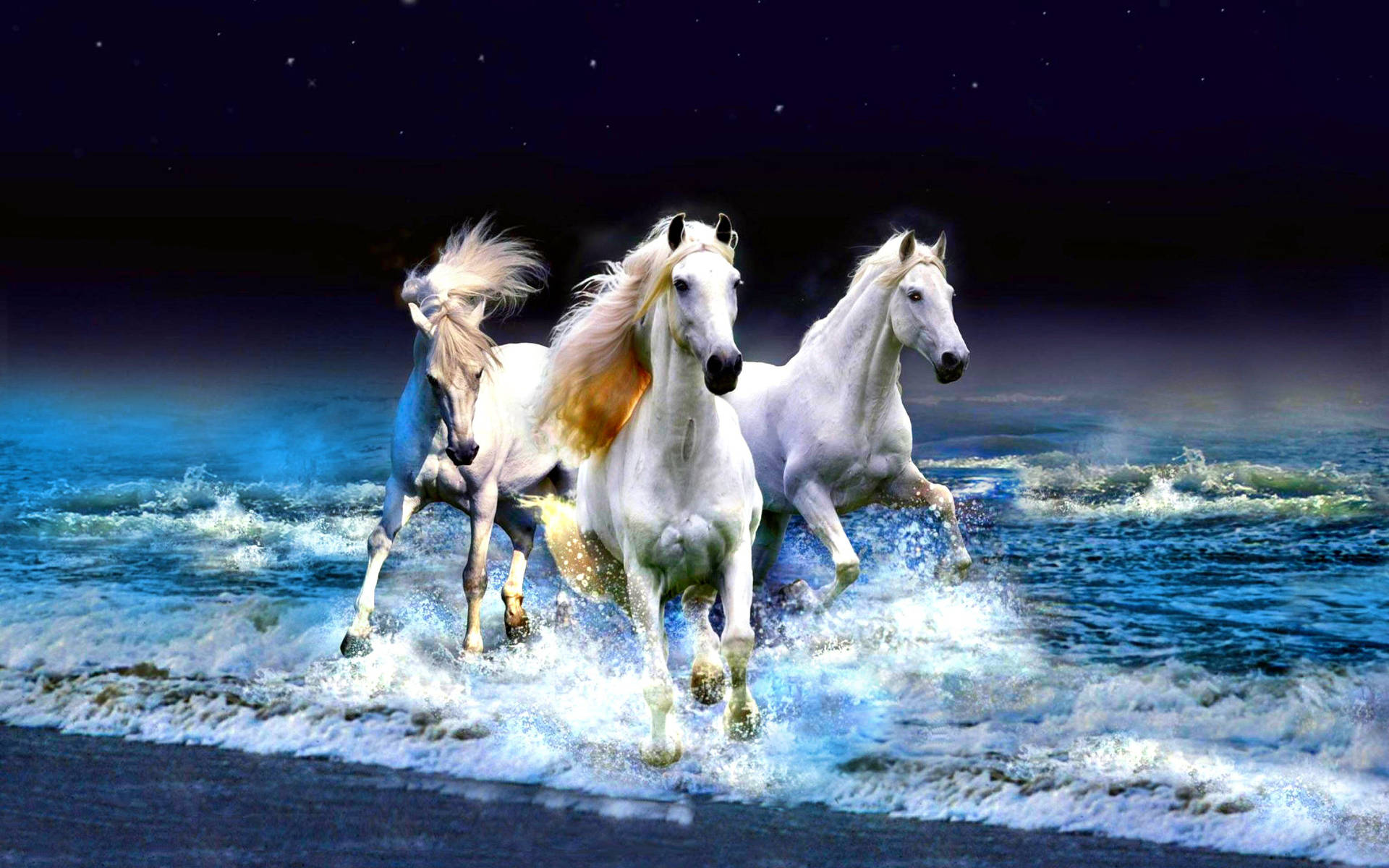 Horses On Beach Waves Wallpaper
