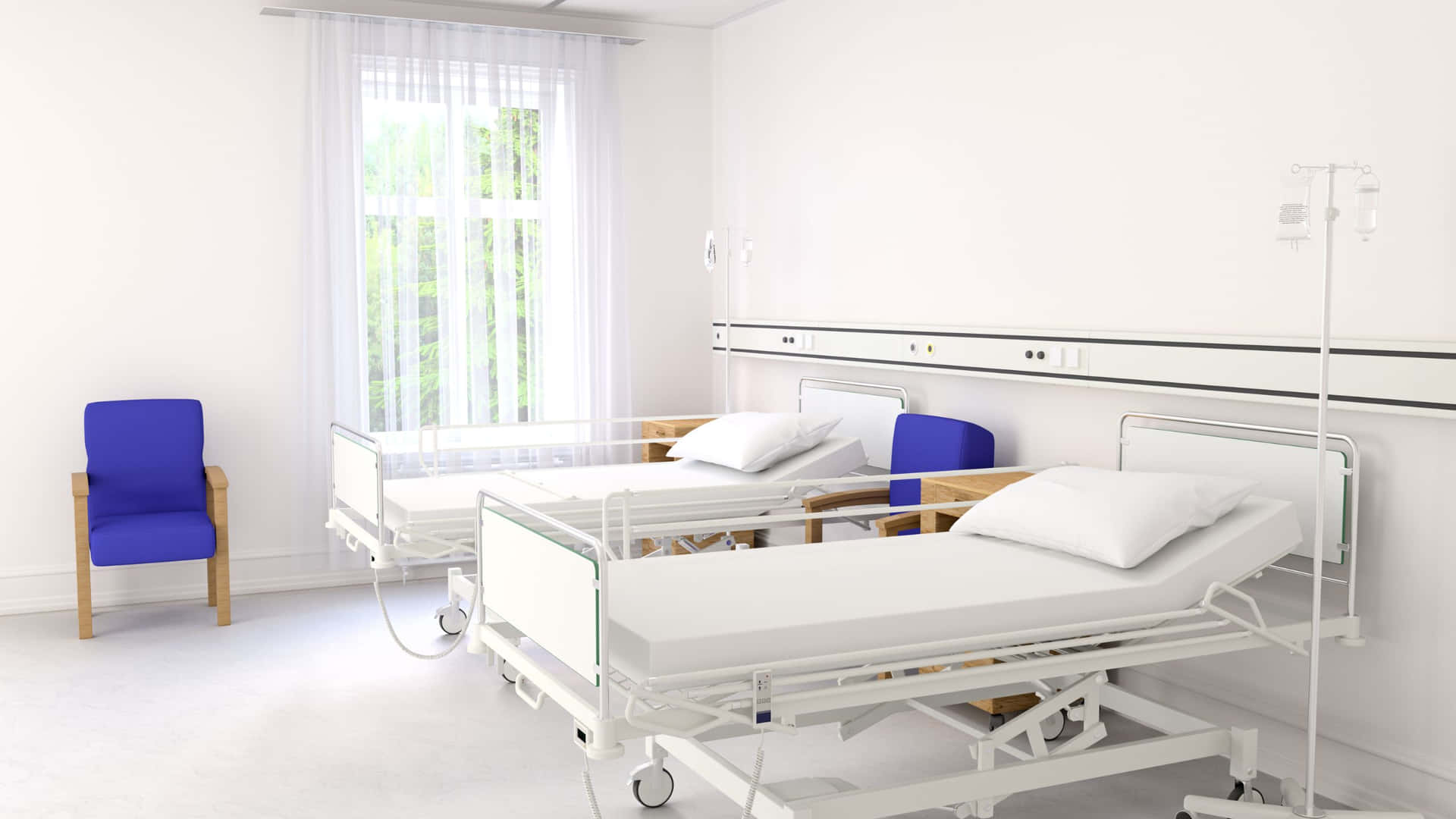 A Hospital Room With Two Beds And Chairs