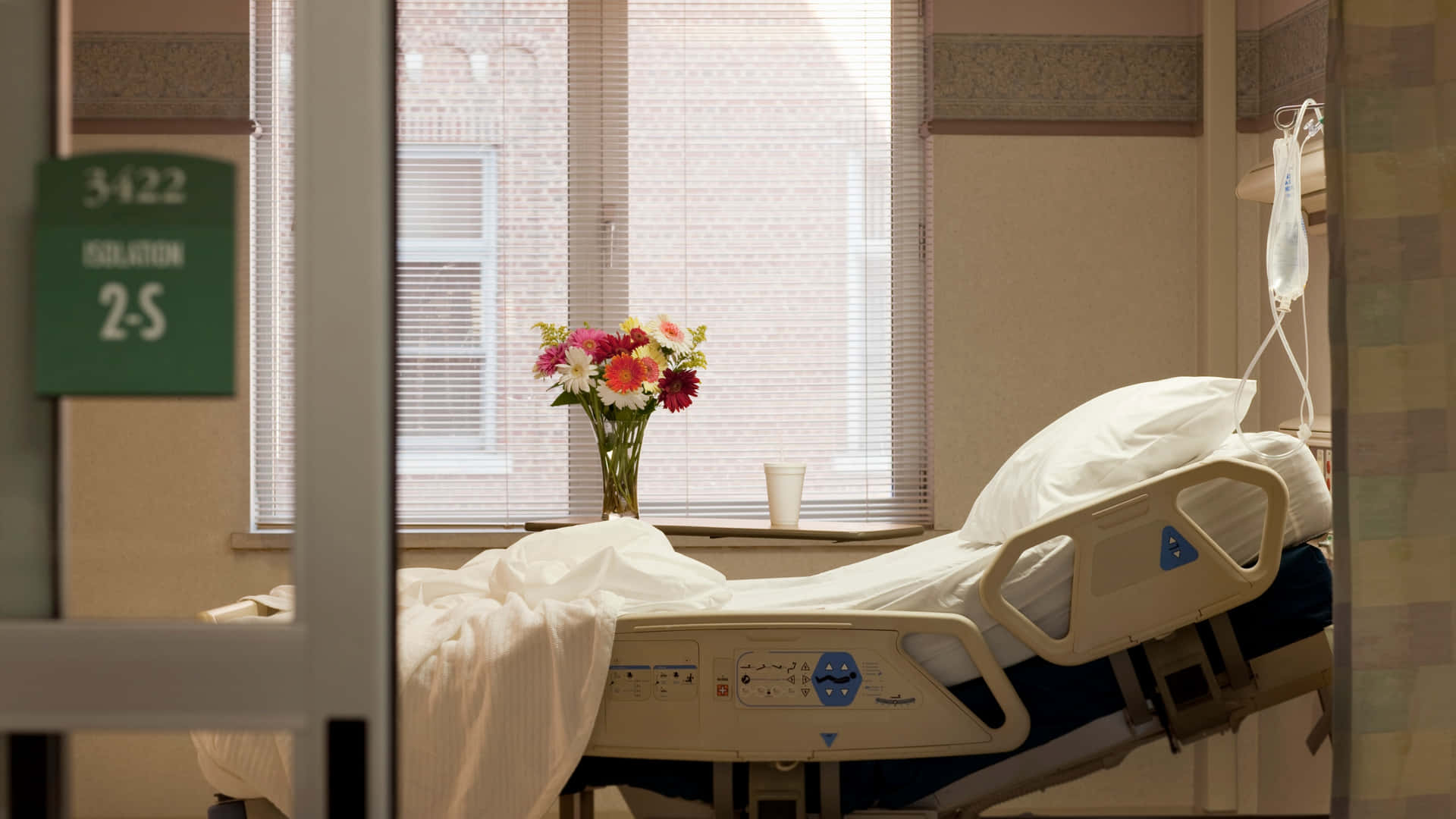 A serene hospital room featuring a clean hospital bed and a flower vase by the bedside. Wallpaper