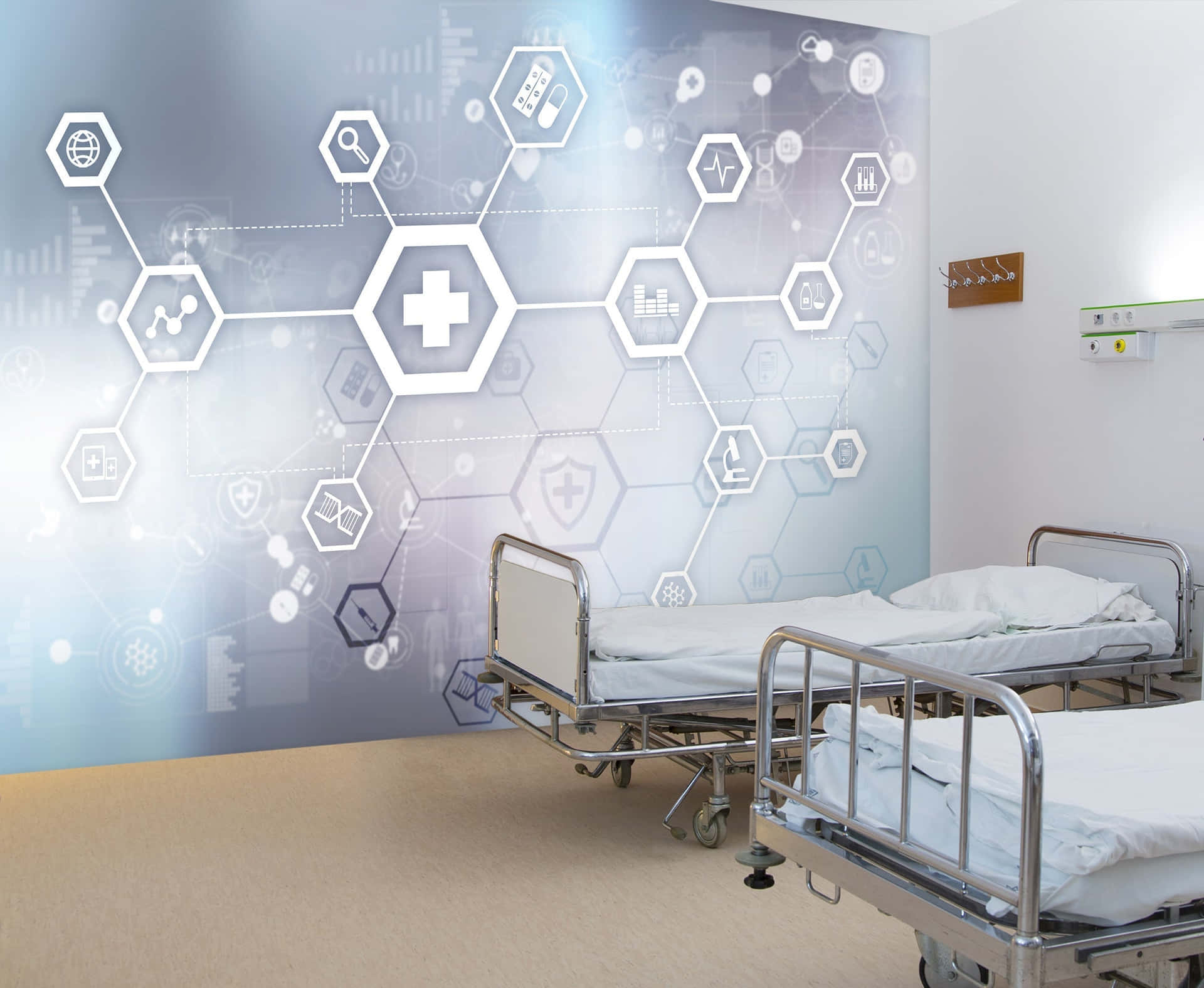 A Modern Hospital Bed with Digital Medical Icon Features Wallpaper
