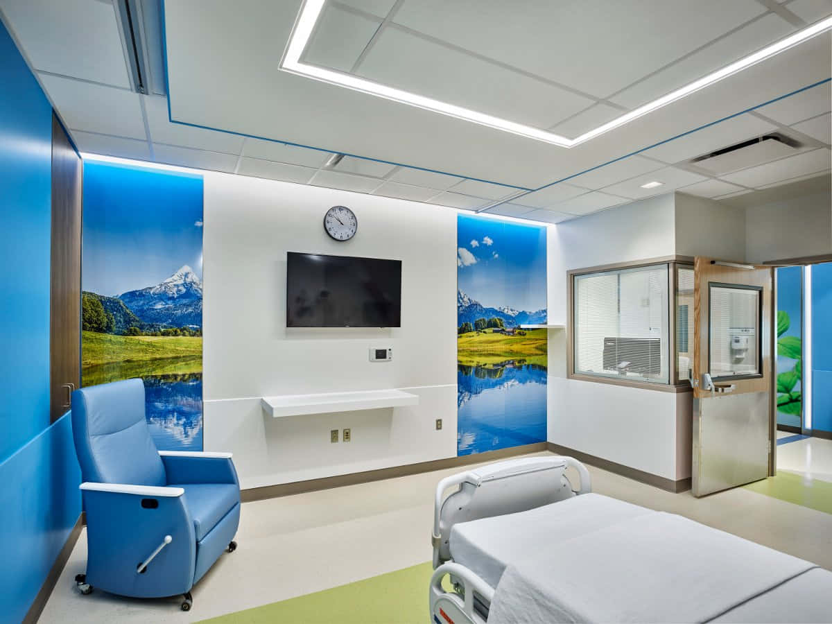A Hospital Room With A Blue Wall And A Mountain Scene