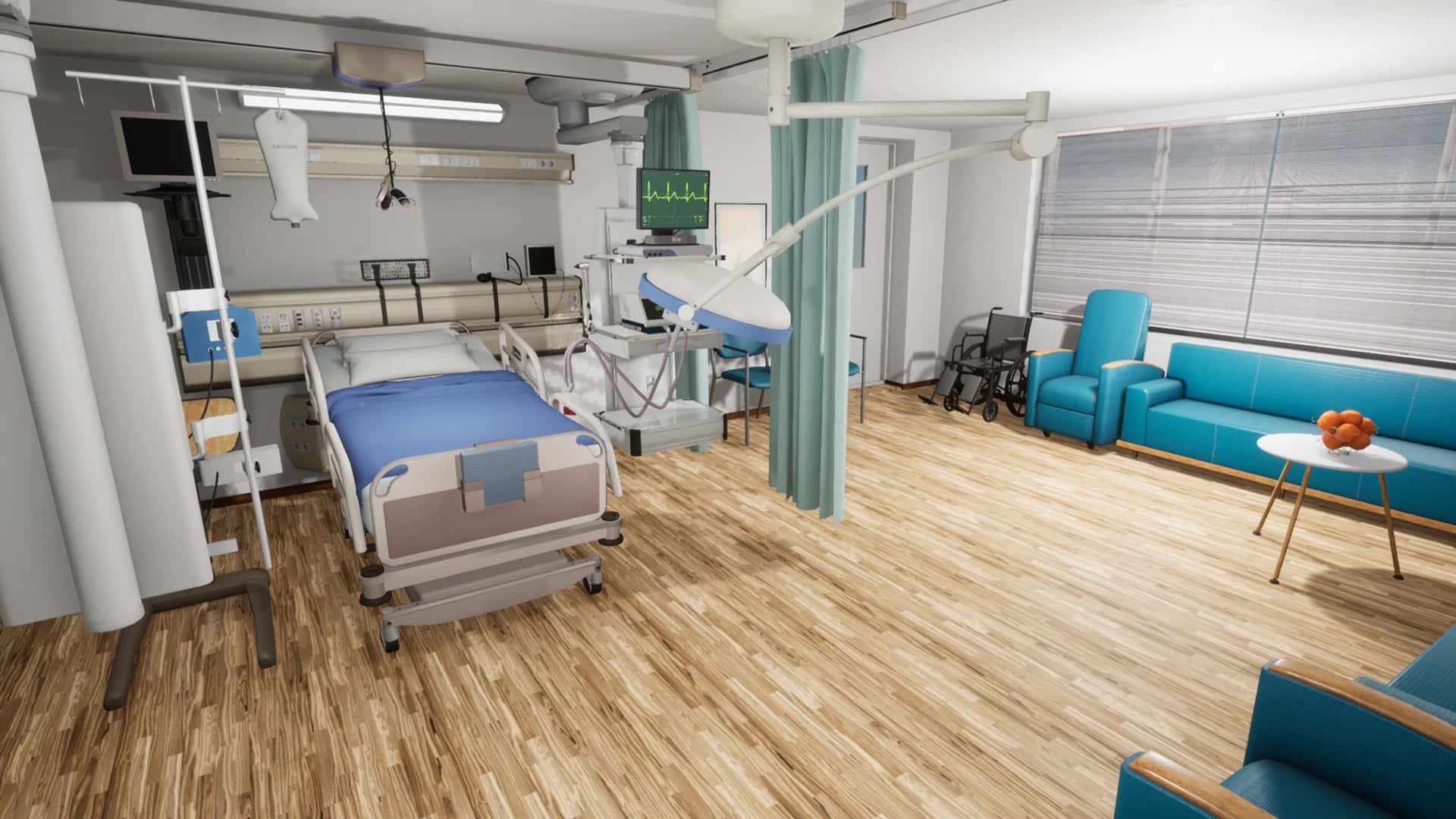 A Hospital Room With A Bed And Chairs