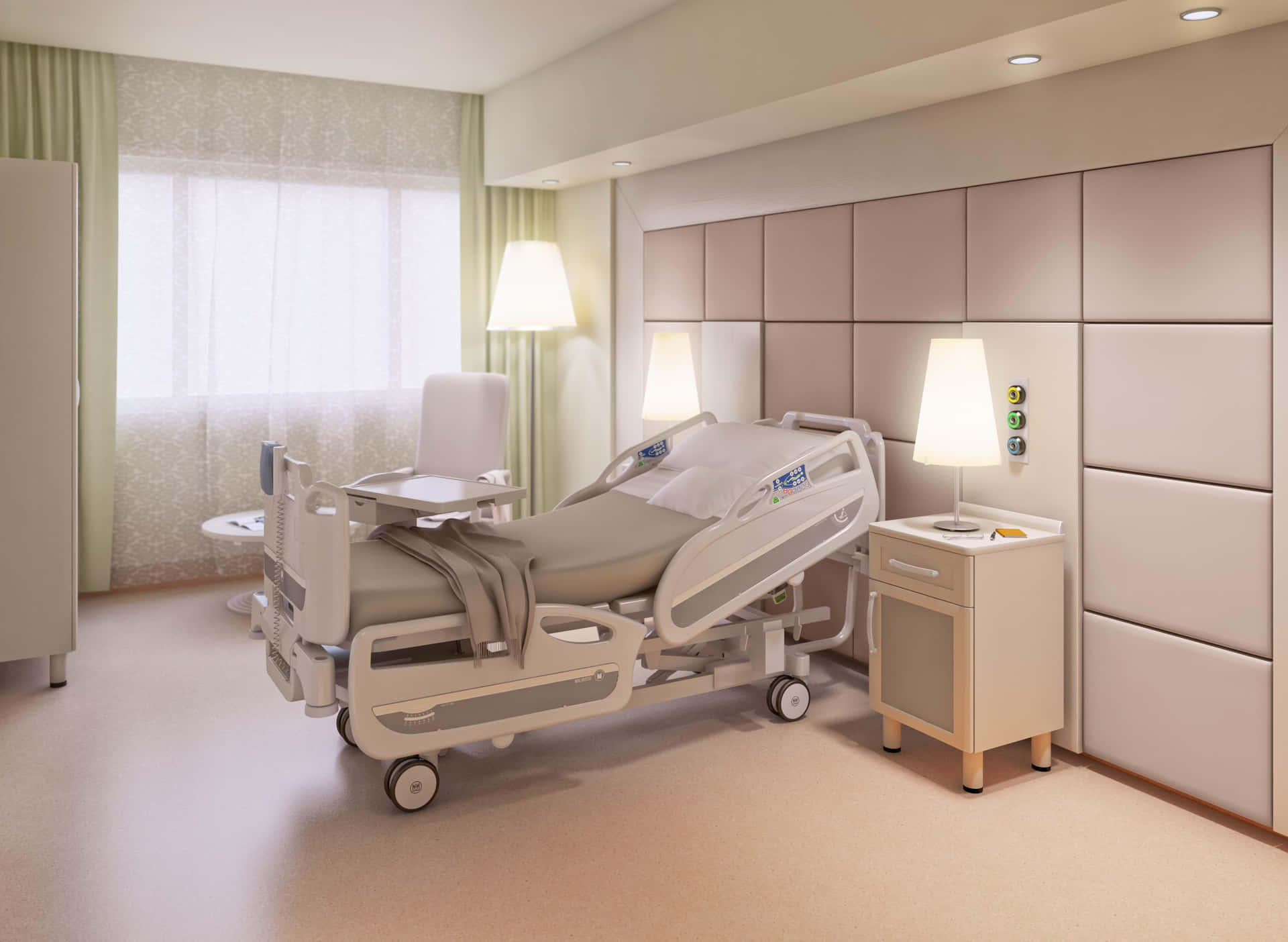A Hospital Room With A Bed And A Lamp