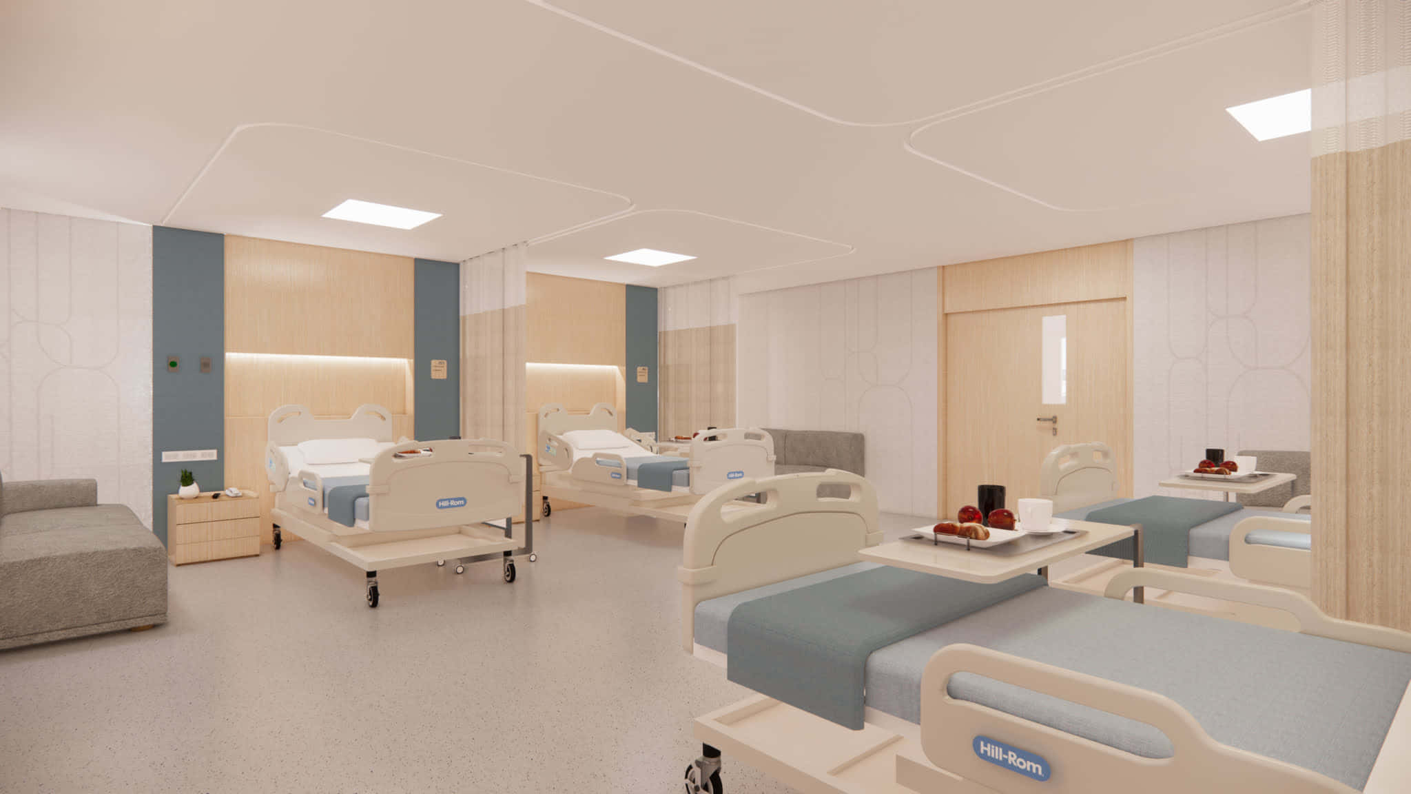 A Hospital Room With Beds And Chairs