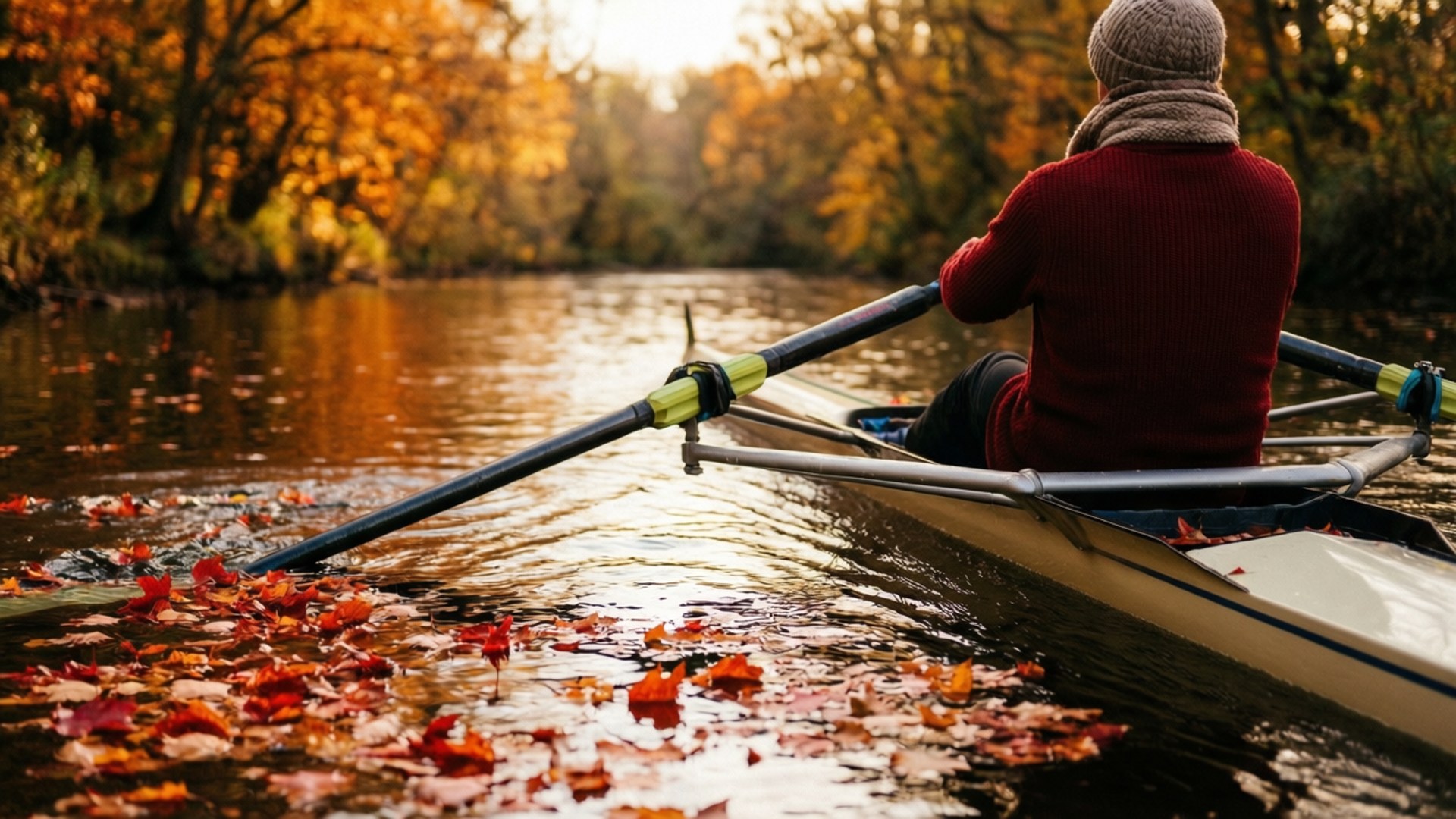 Autumn Row Wallpaper — A person in a red sweater rows a boat through a river covered in autumn leaves under golden sunlight.