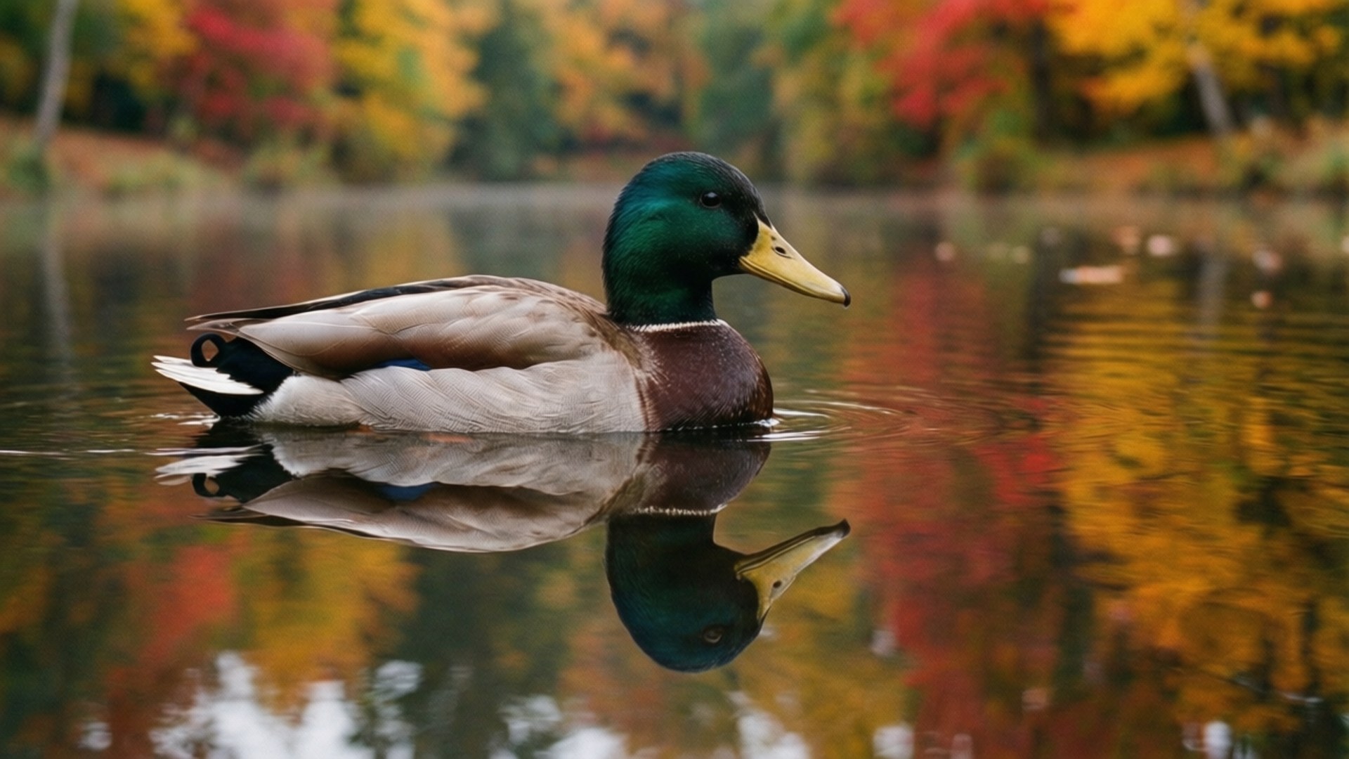 Autumn Reflection Wallpaper — A male mallard duck glides calmly on a pond reflecting vibrant autumn foliage in fiery reds yellows and oranges.