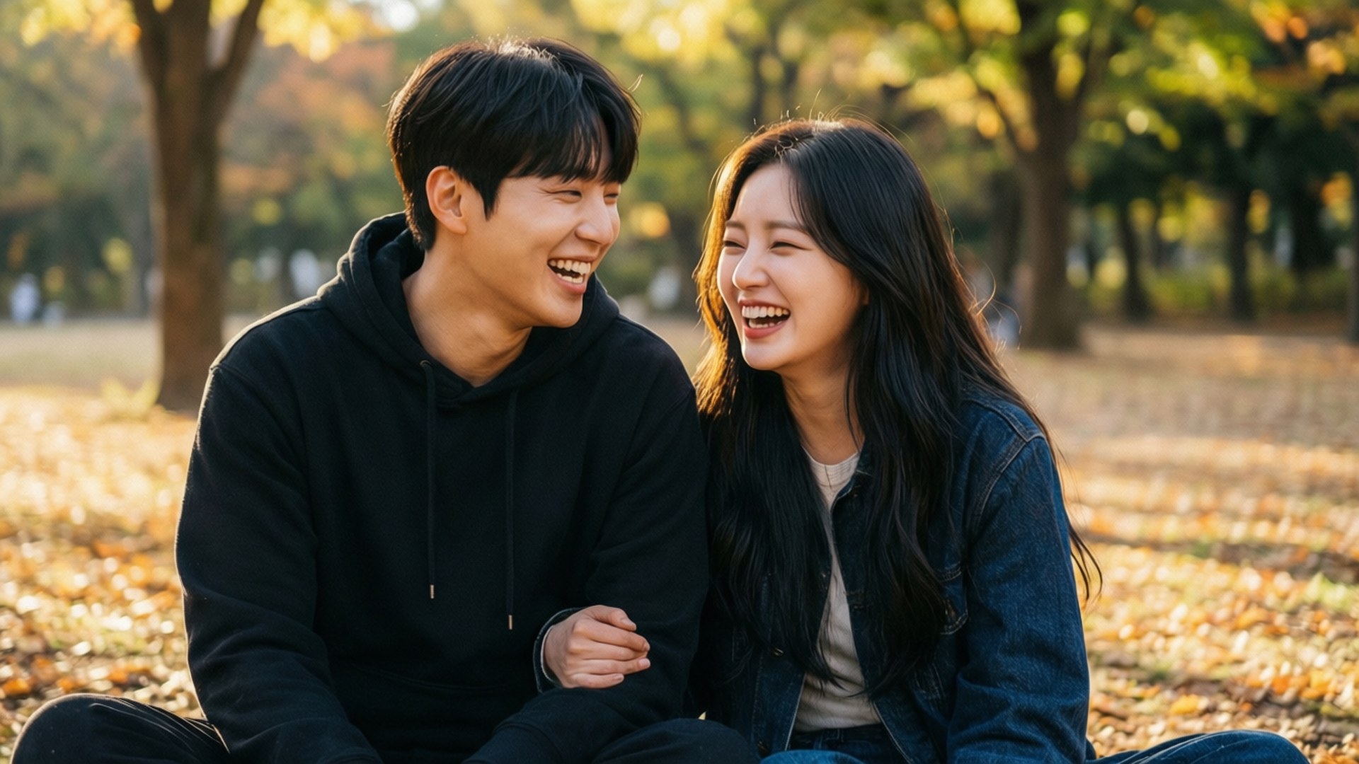 Autumn Romance Wallpaper — A laughing young couple sits together on a carpet of golden autumn leaves under warm sunlight in a park.