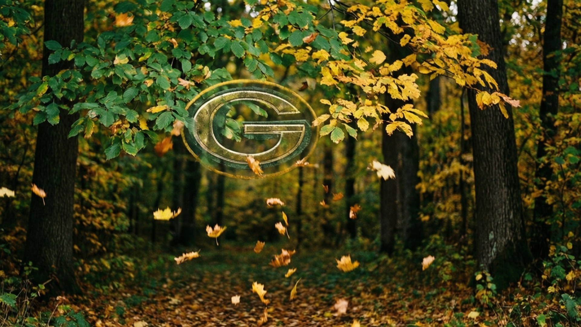 Autumn Forest Logo Wallpaper — A glowing translucent logo floats amidst falling autumn leaves in a sunlit forest path.