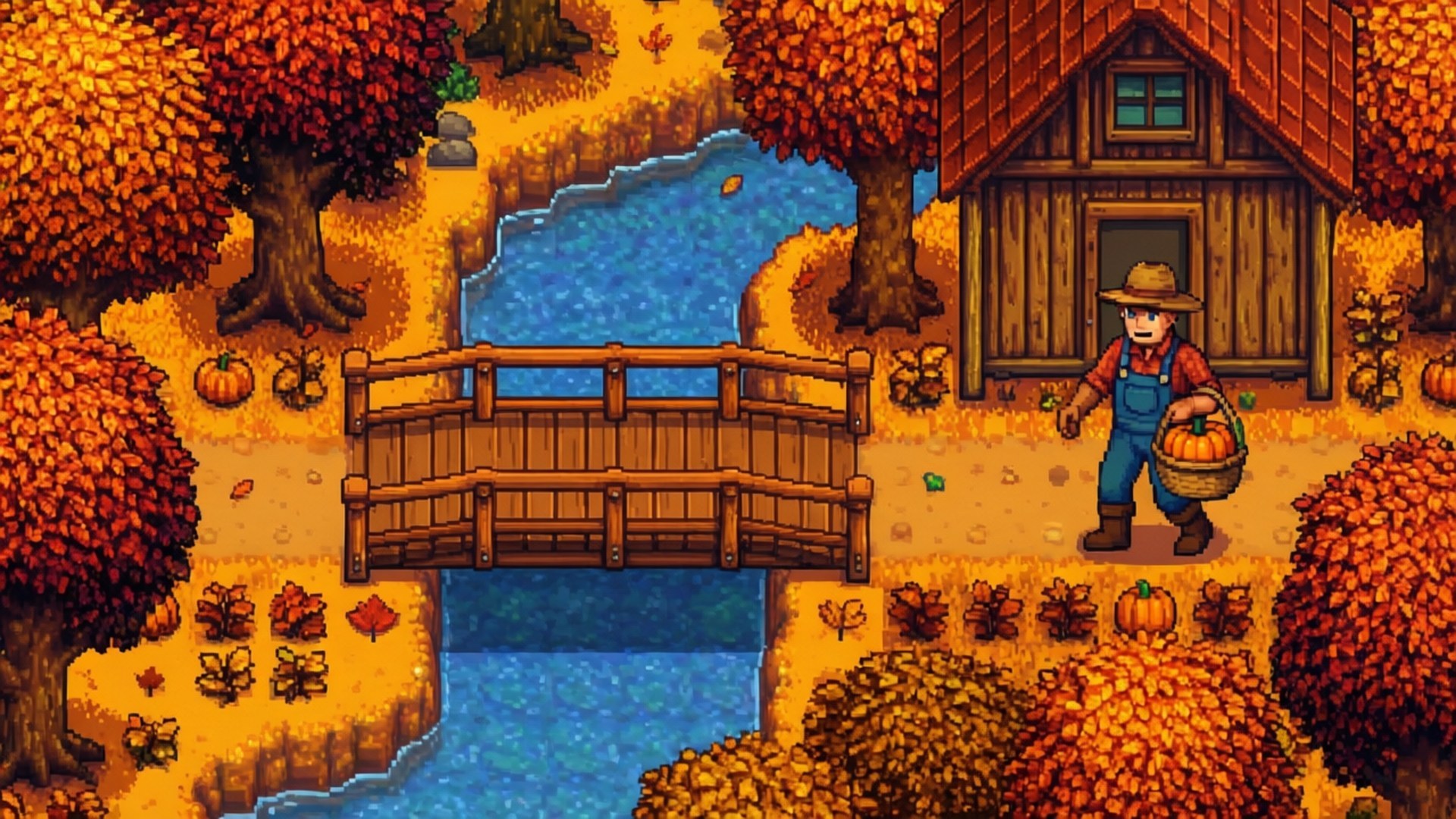Autumn Harvest Wallpaper — A pixel-art farmer carries pumpkins across a wooden bridge in a vibrant autumnal countryside with colorful trees and a blue river.