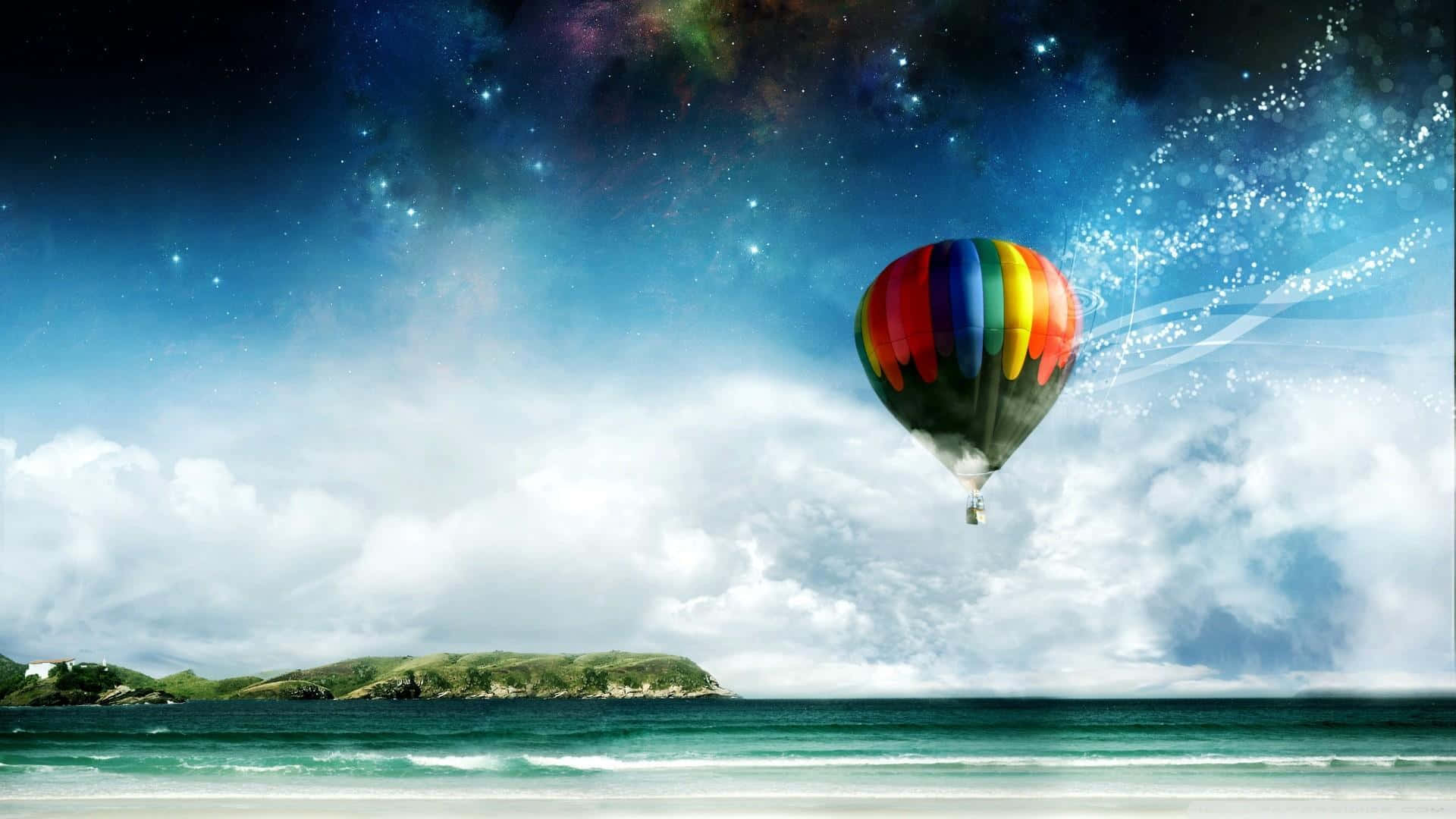 A Hot Air Balloon Flying Over The Ocean
