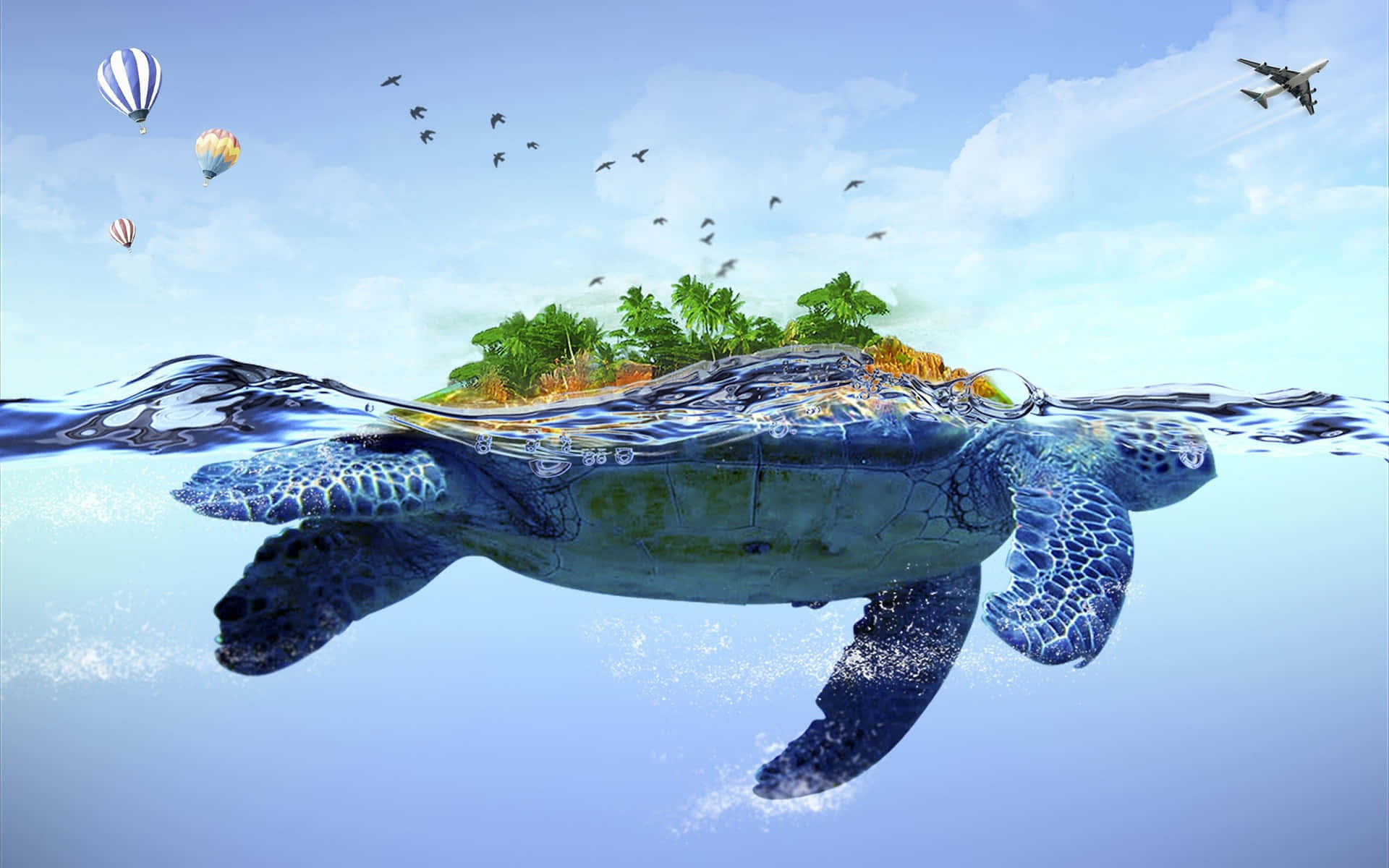 Ensköldpadda Som Simmar I Vattnet Med Ett Träd Och Ballonger