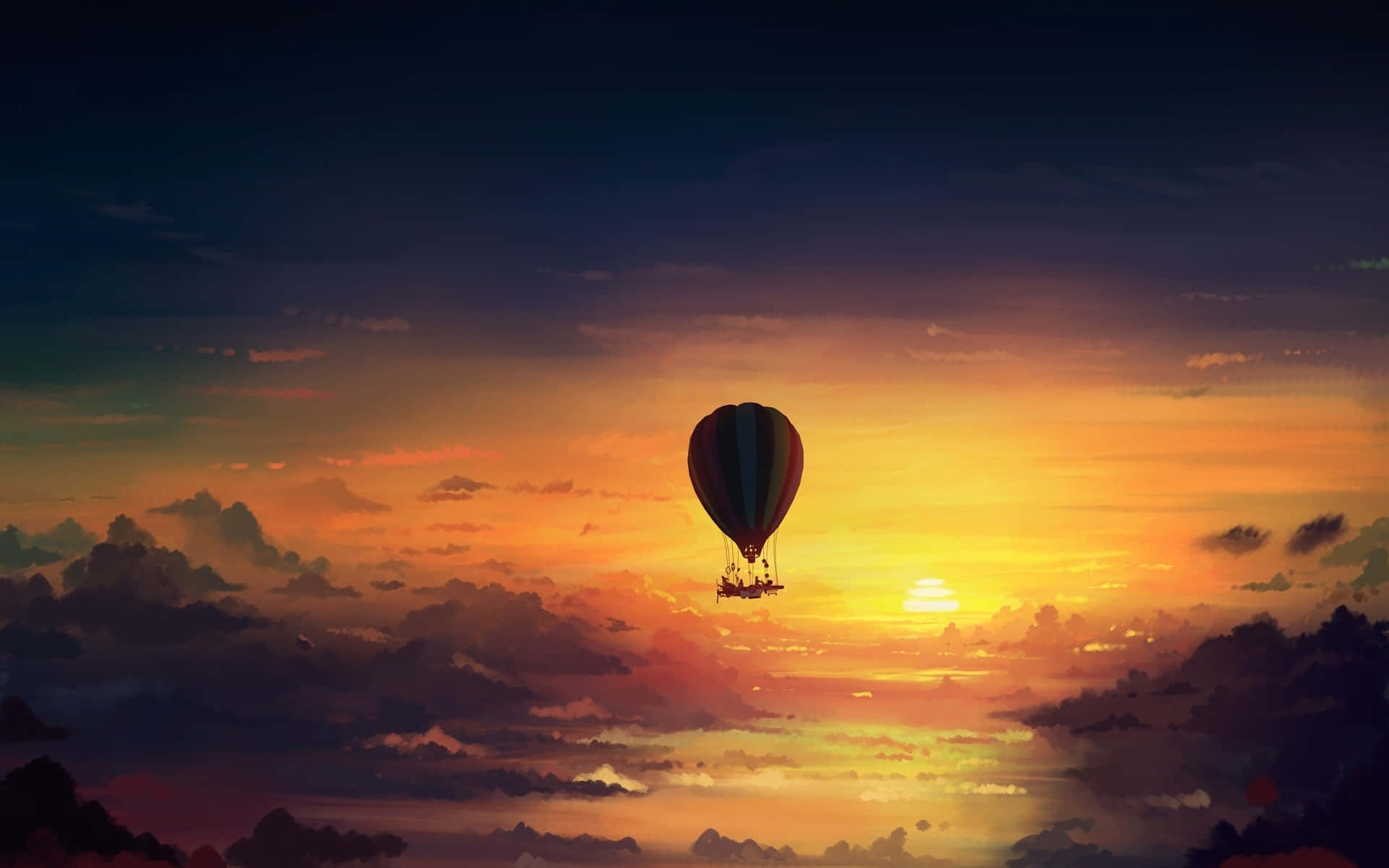 A hot air balloon floats atop a sea of clouds