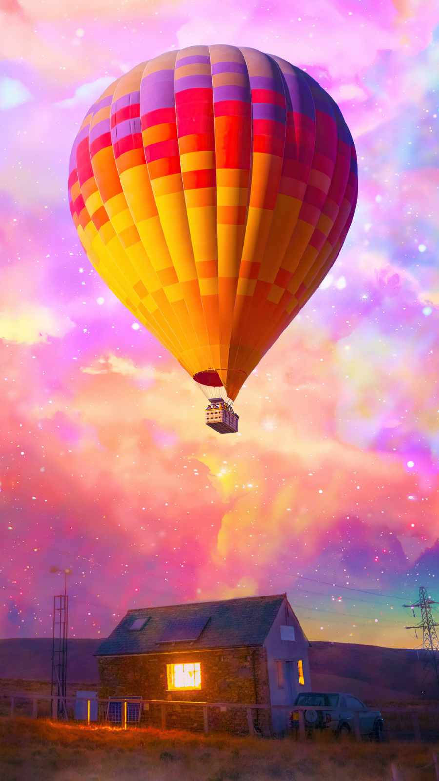Hot Air Balloon Pink Sky Watercolor Art Wallpaper