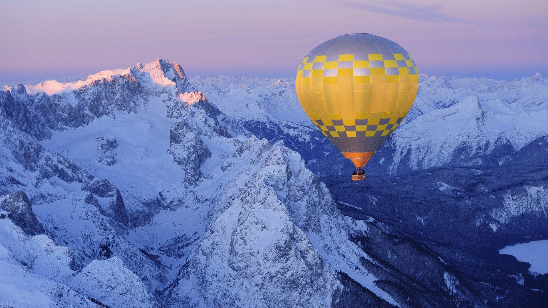 Hot Air Balloon Snowy Mountain Ranges Wallpaper