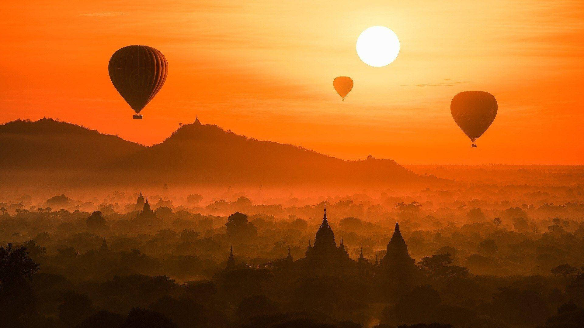 Hot Air Balloons In Burma Sunset