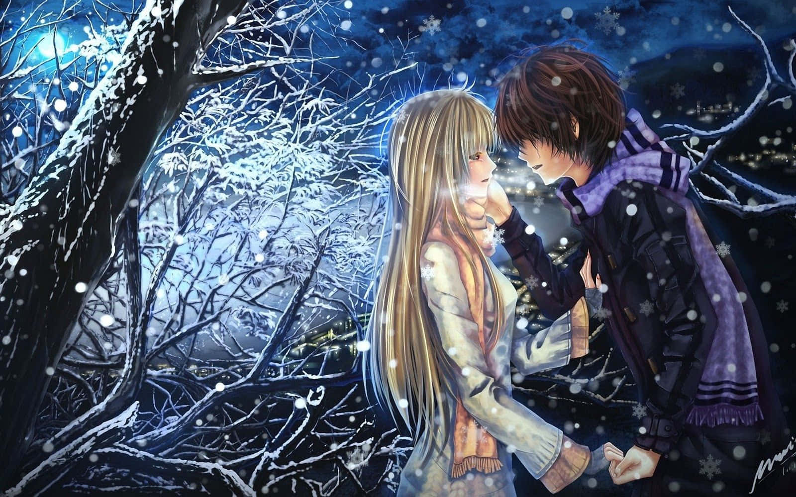 Calientepareja De Anime En Un Bosque Invernal Fondo de pantalla