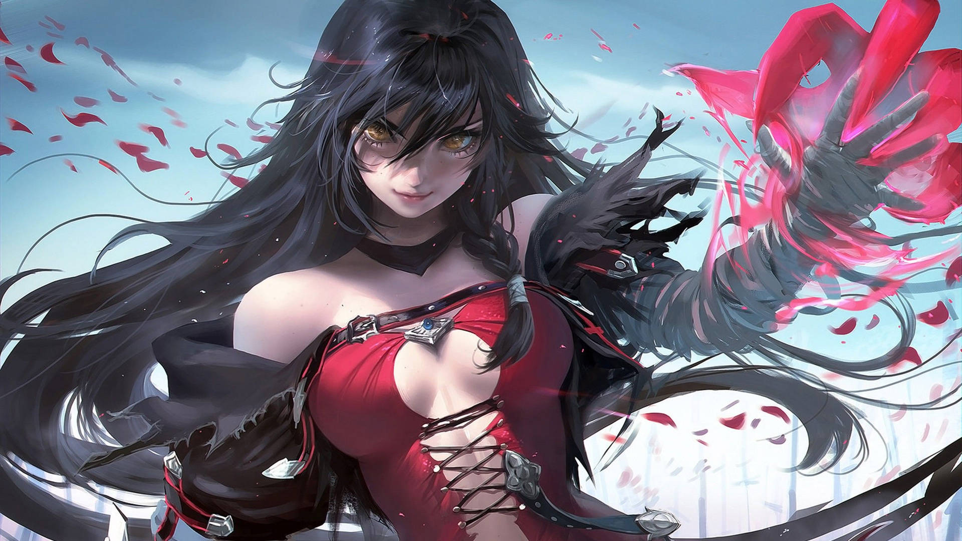 Hot anime girl with long black hair and red claws as hand wallpaper