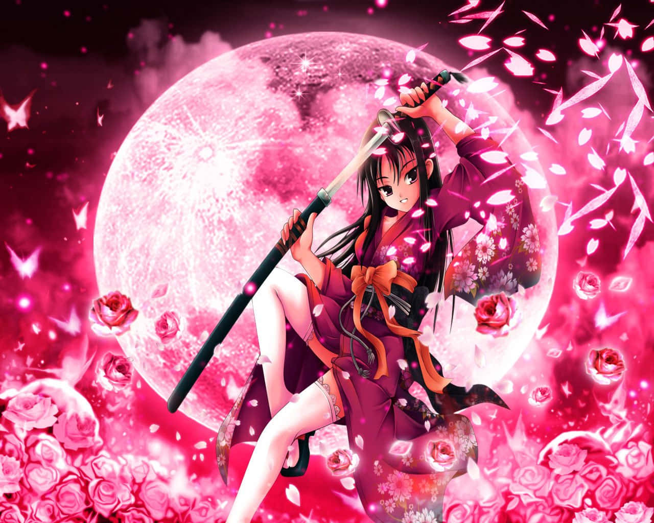 Varm Anime Samurai Pige Pink Univers Fantasi Tapet Wallpaper