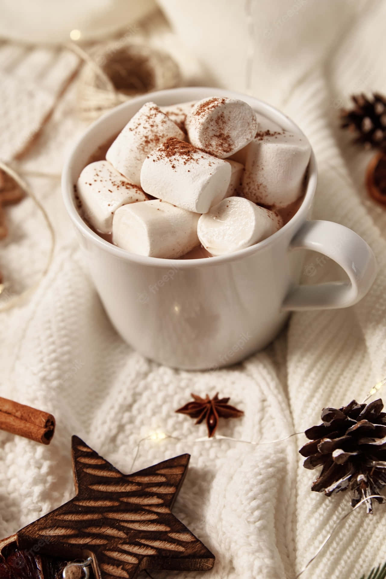 Delicious Hot Chocolate in a Ceramic Mug with Whipped Cream and Cinnamon Wallpaper