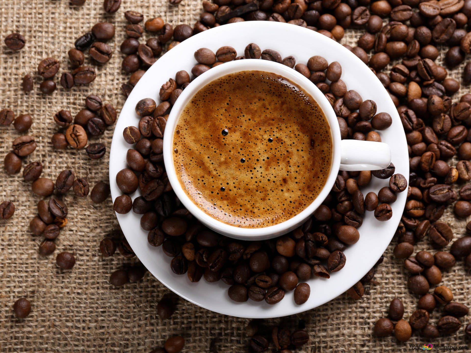 Hot Espresso Surrounded By Coffee Beans Wallpaper