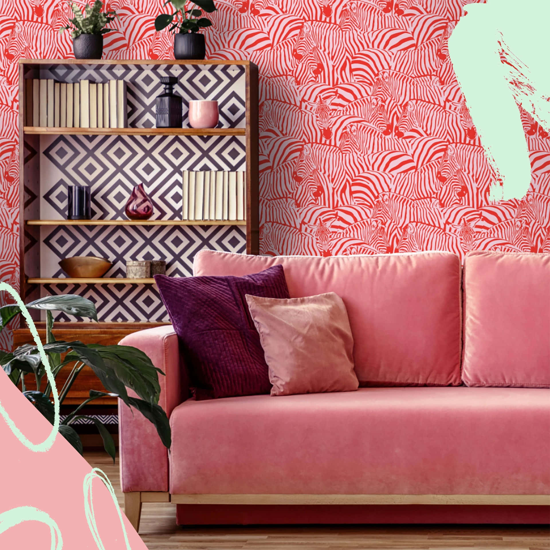 Varmt pink stue sofa scene tapet Wallpaper
