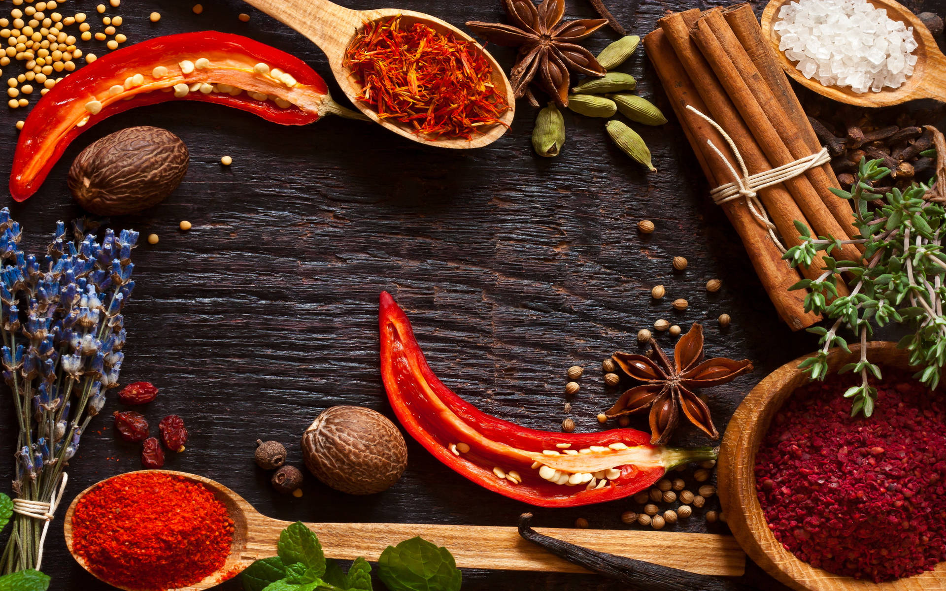 Download Hot Spices For Cooking On Wooden Surface Wallpaper 