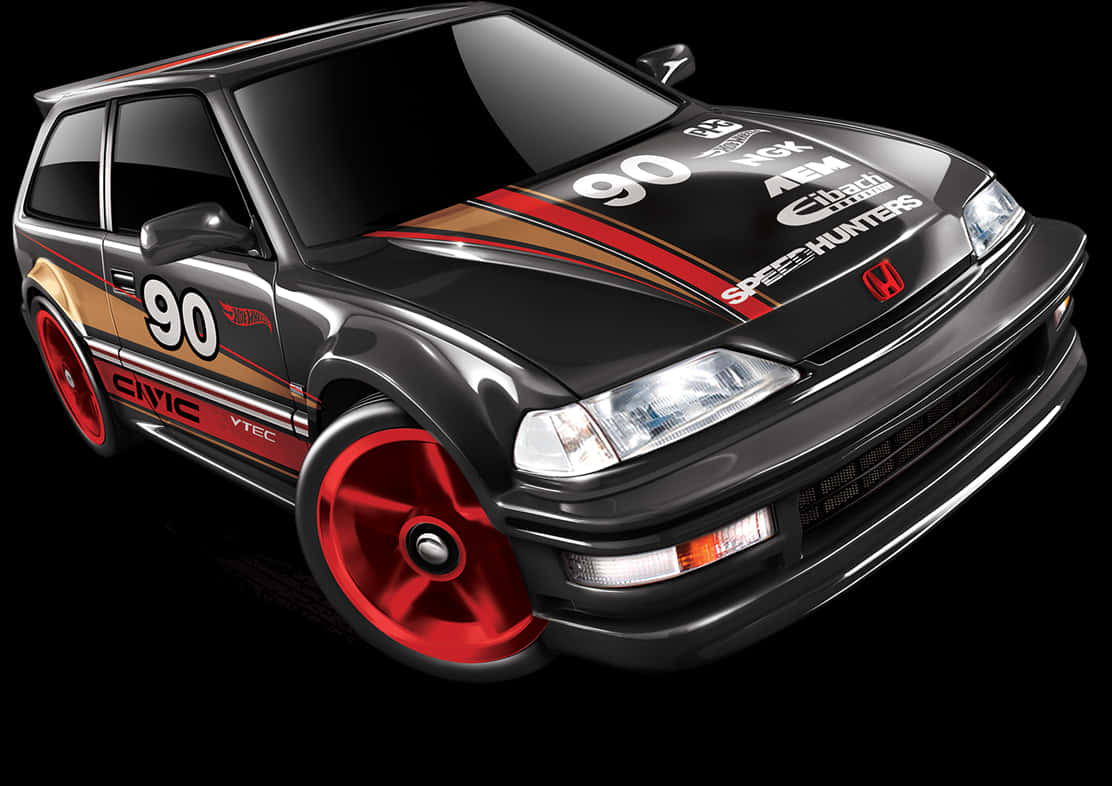 Hot Wheels Honda Civic Custom Black Red PNG