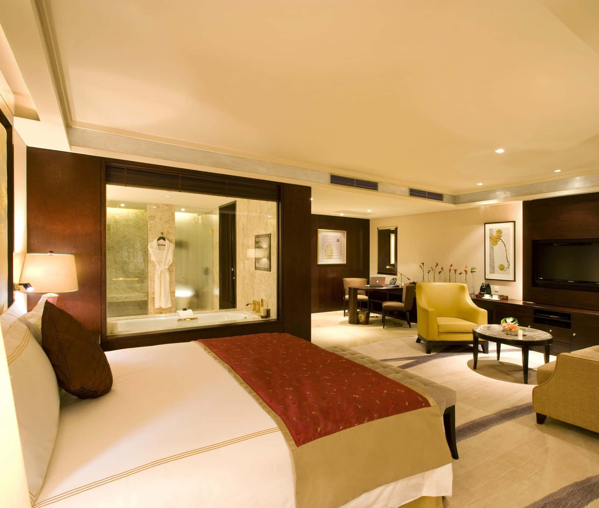 A luxurious and elegant hotel room with modern amenities