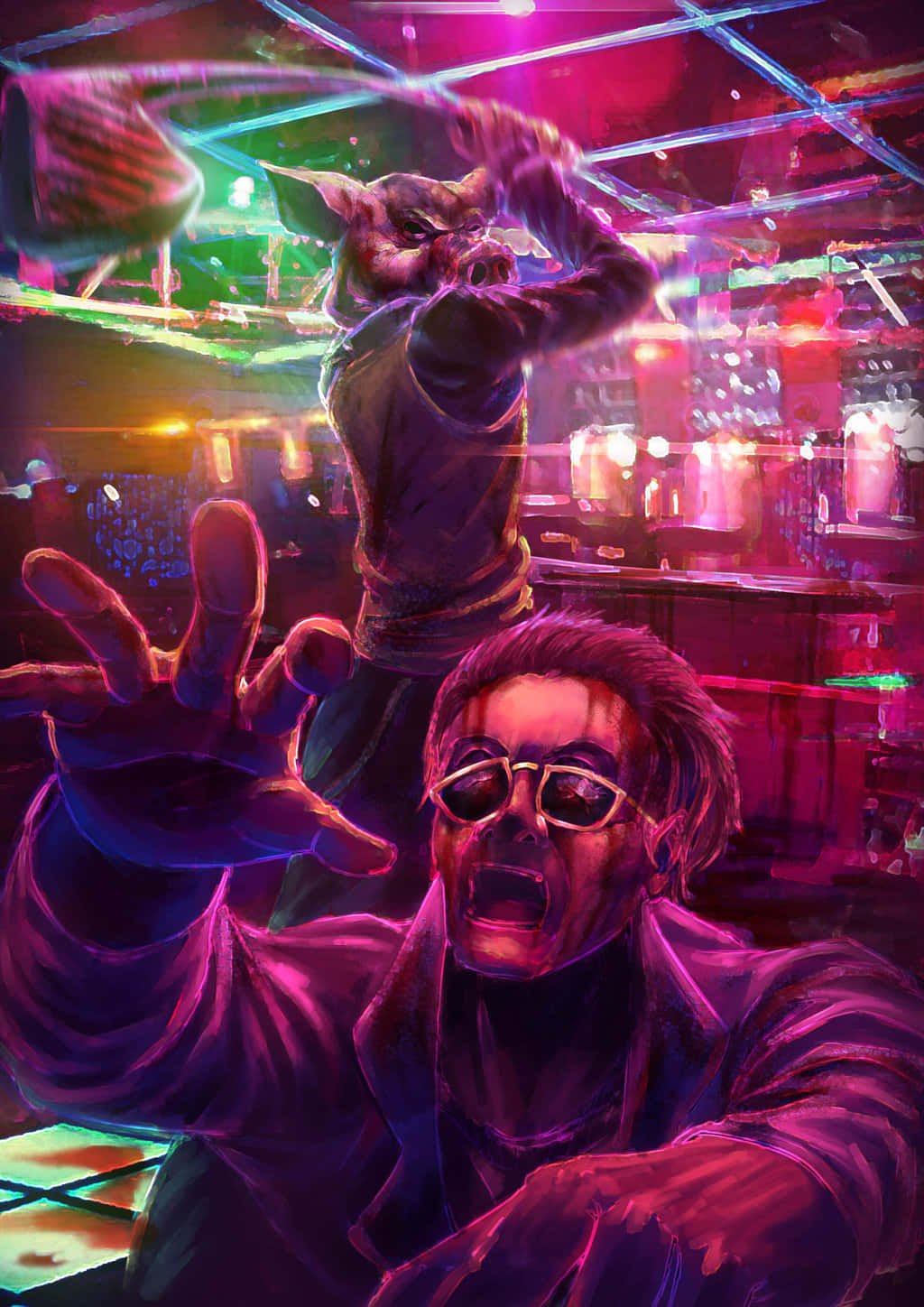 Retro-themed, action-packed Hotline Miami game scene.
