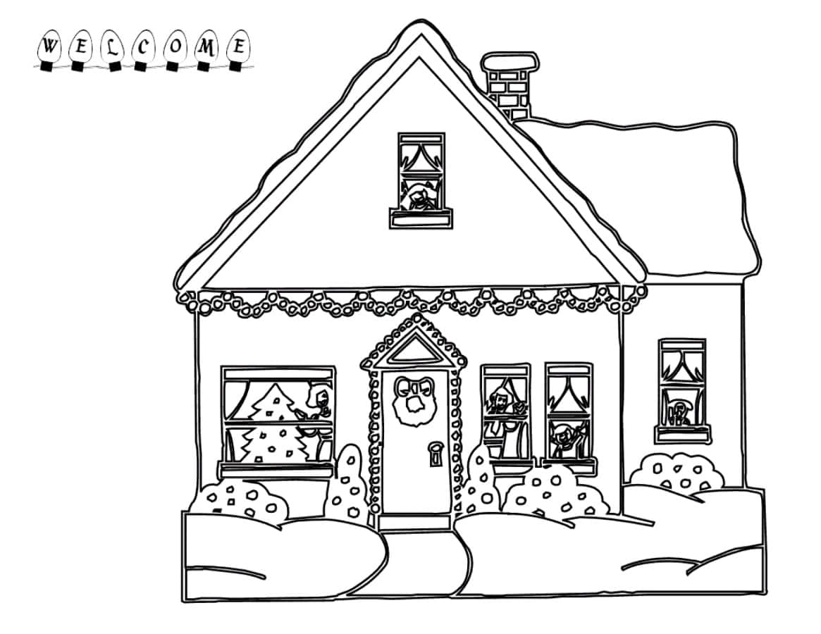 A House Coloring Page With A Christmas Tree