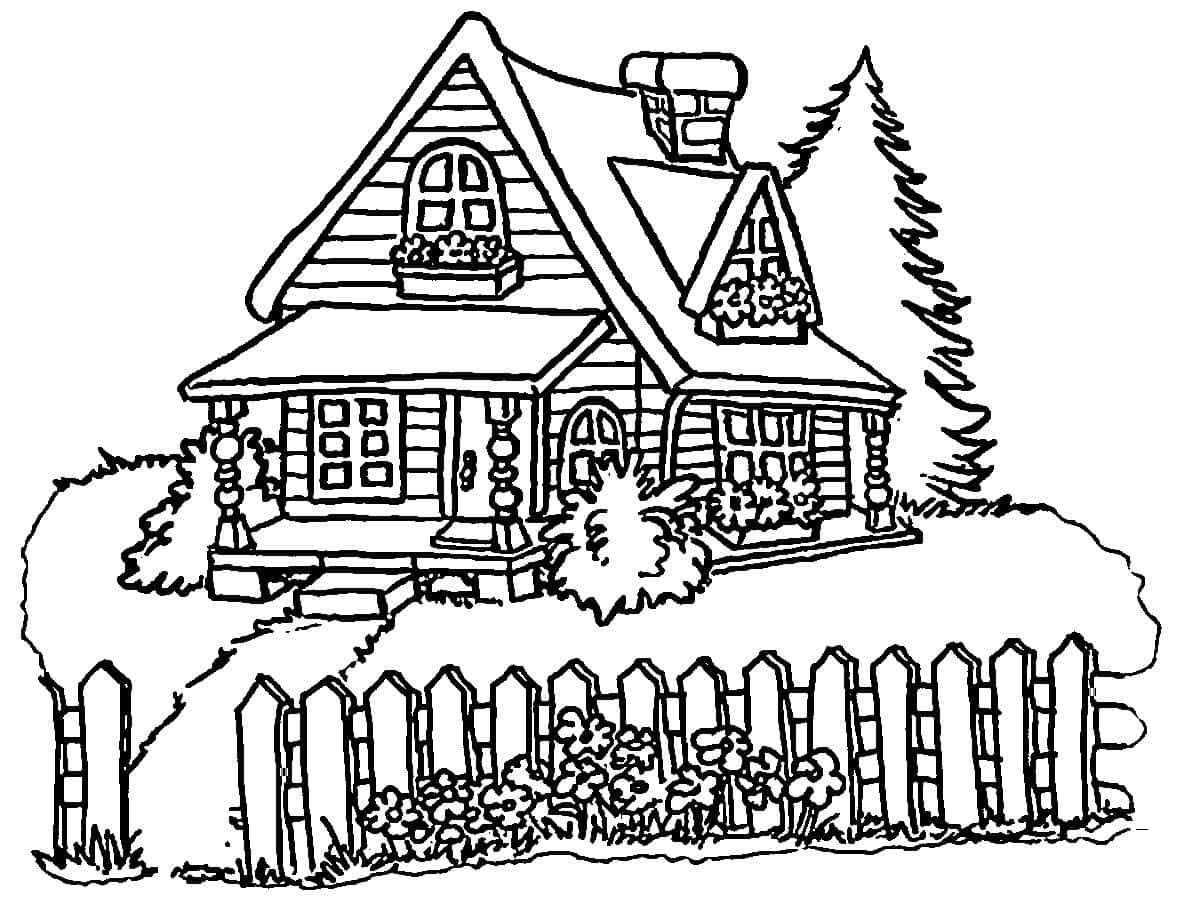 A House Coloring Page With A Fence And Trees