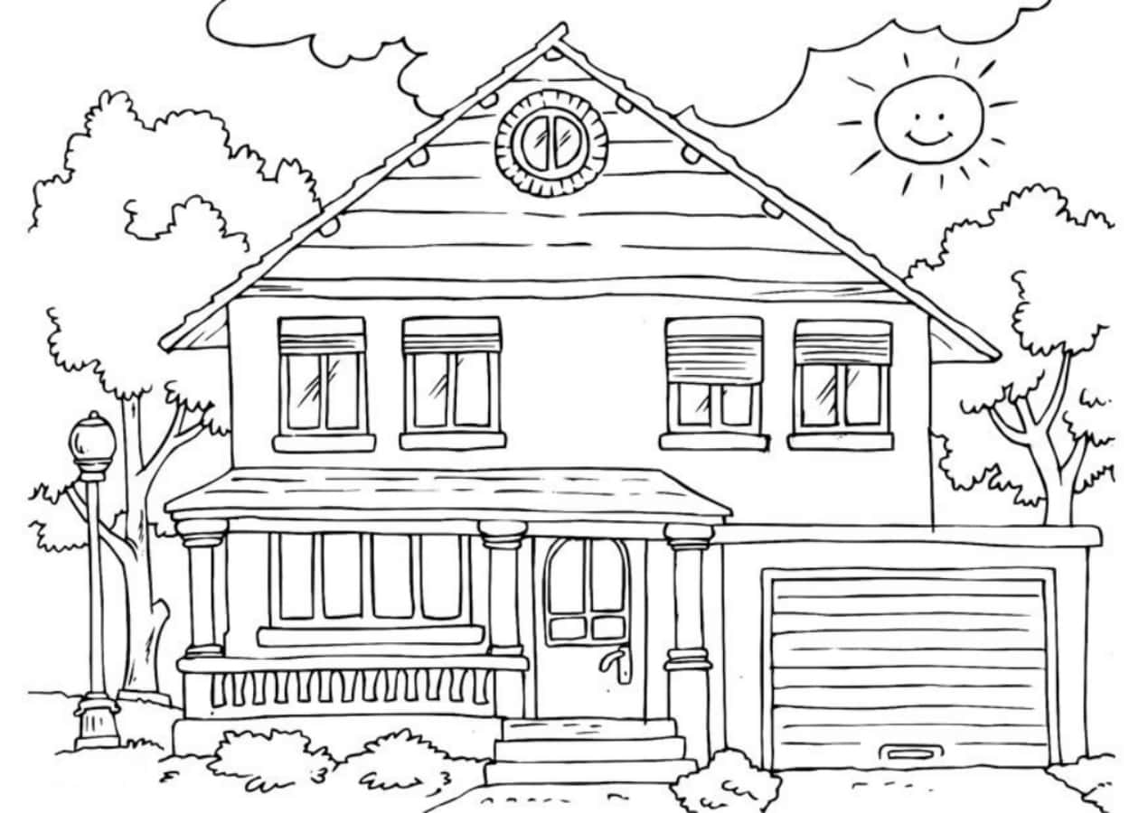 A House Coloring Page With A Garage And A House