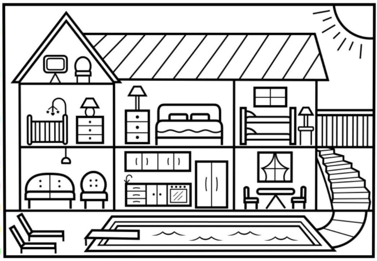 A House Coloring Page With A House And Furniture