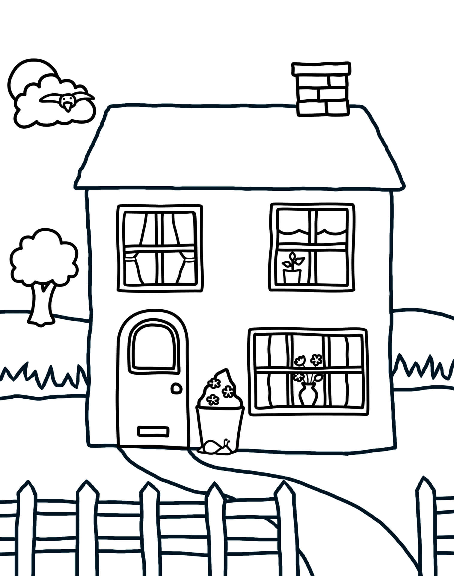 A House Coloring Page With A Fence And A Flower