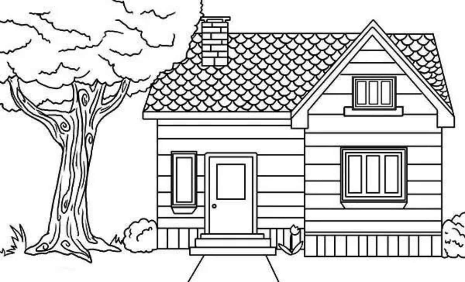 A House Coloring Page With A Tree And A House