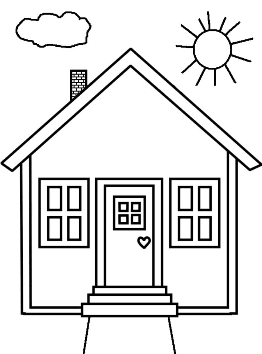 Colouring book page featuring a family house