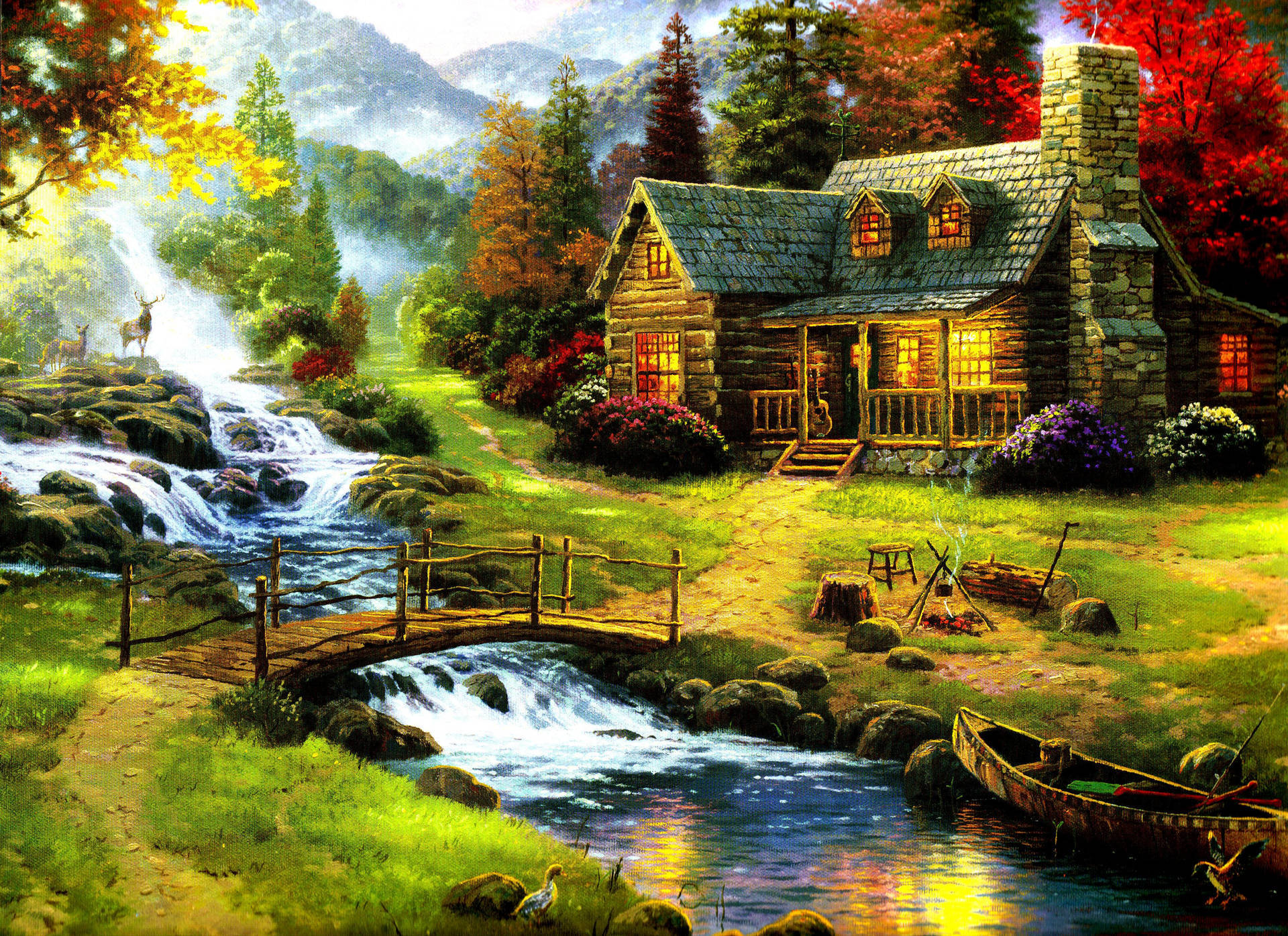 House With Forest View Painting Wallpaper