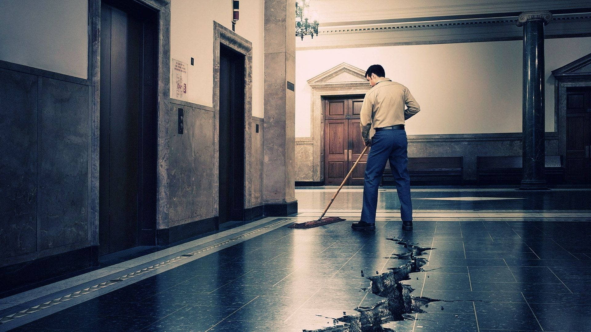 Housekeeper Cleaning Service Wiping Floor Wallpaper