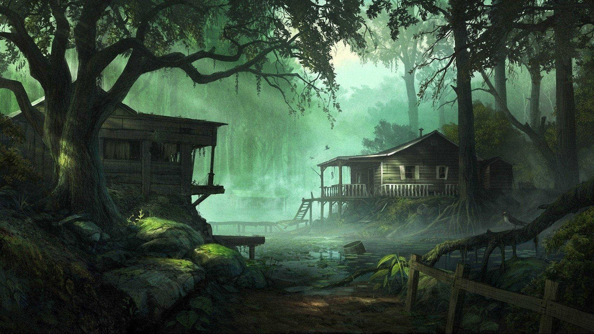 Houses In Dark Green Forest Aesthetic Wallpaper