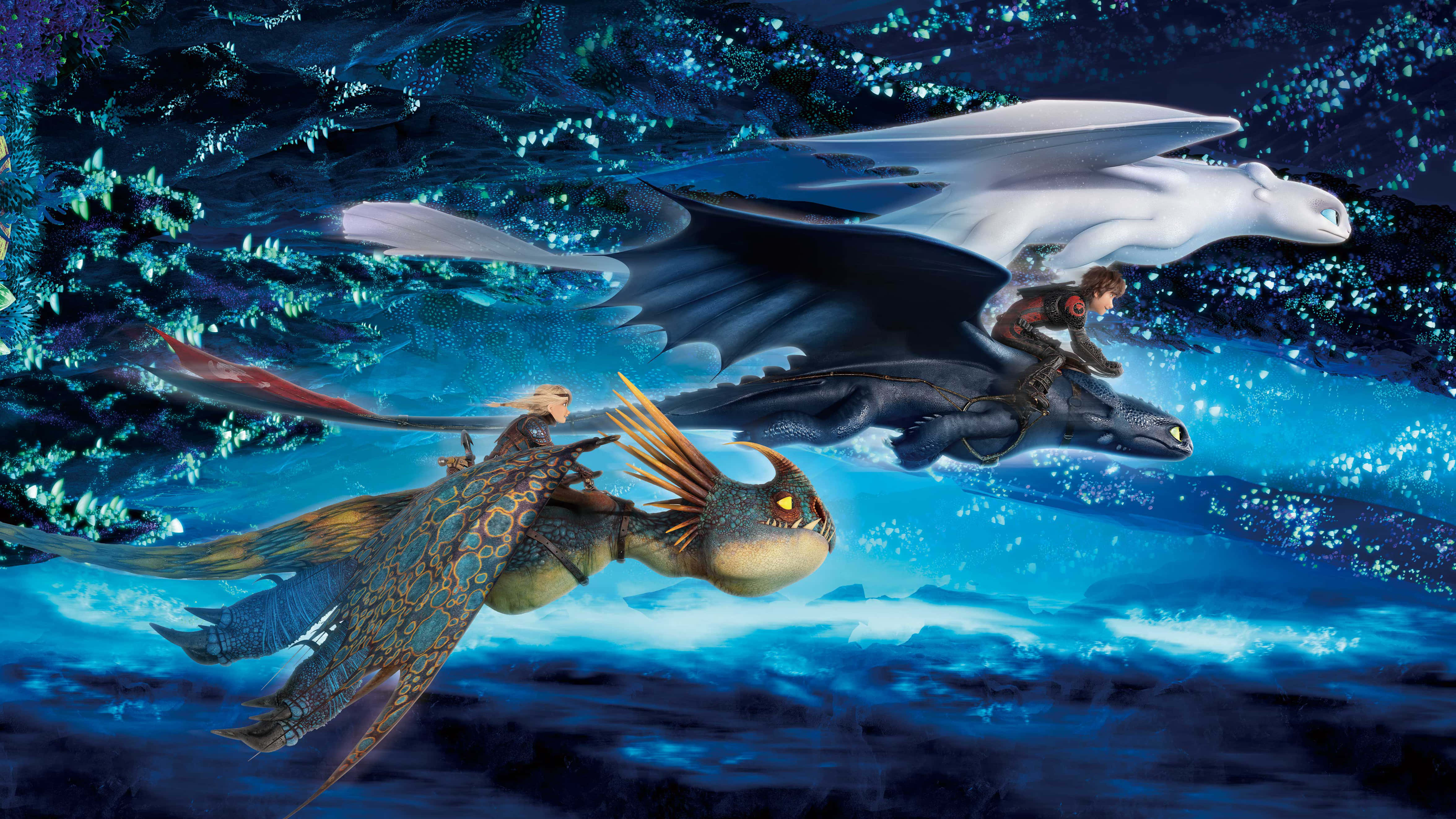 Hiccup and Toothless fly together over the land in How To Train Your Dragon Wallpaper