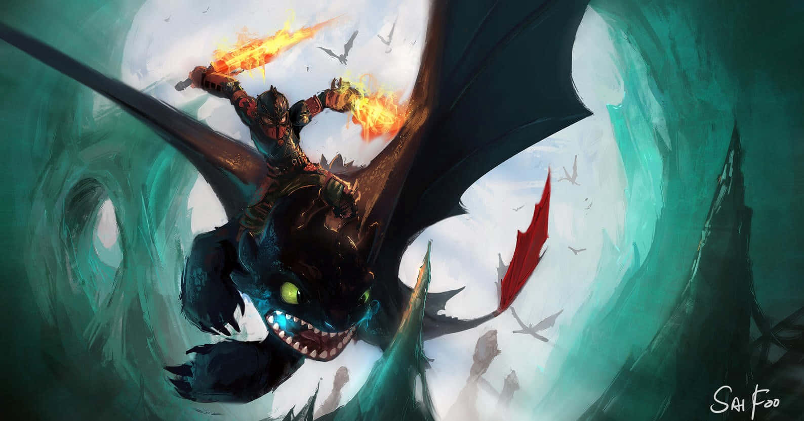 Hiccup og hans drage Toothless flyver til himlen i How to Train Your Dragon.