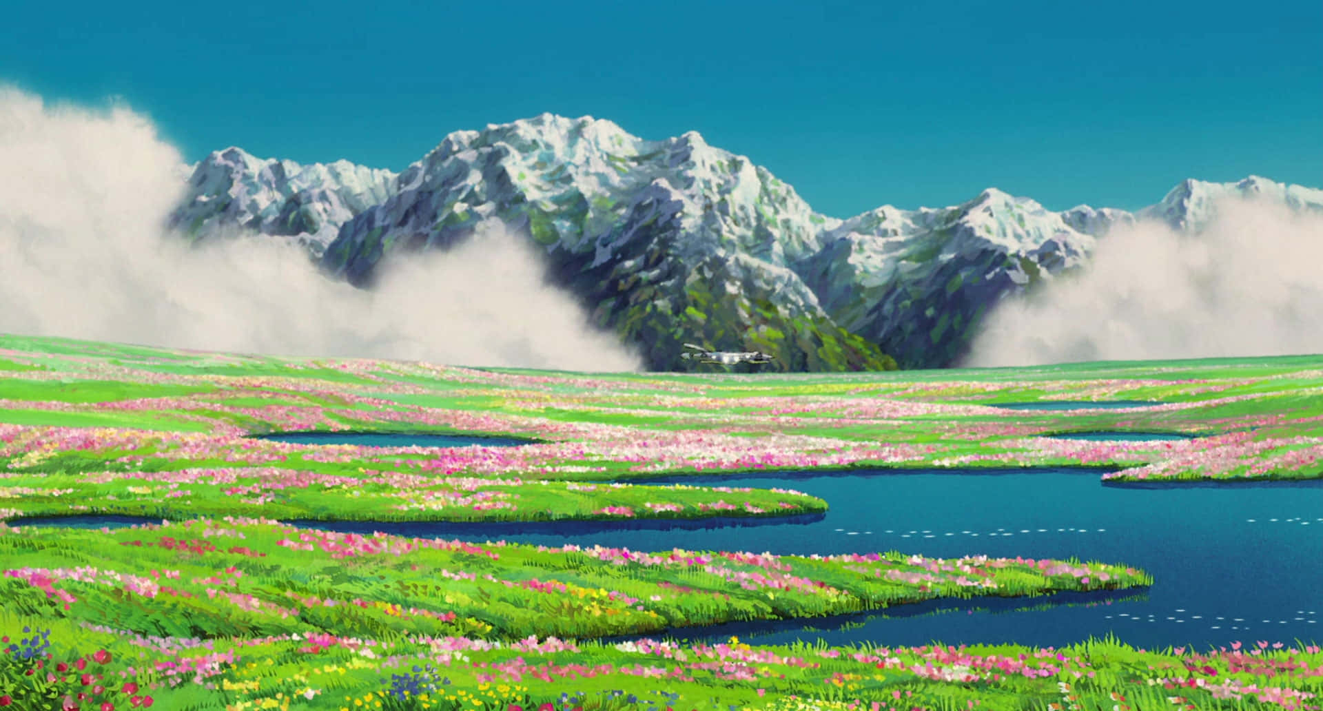 Eineberglandschaft Mit Blumen Und Bergen