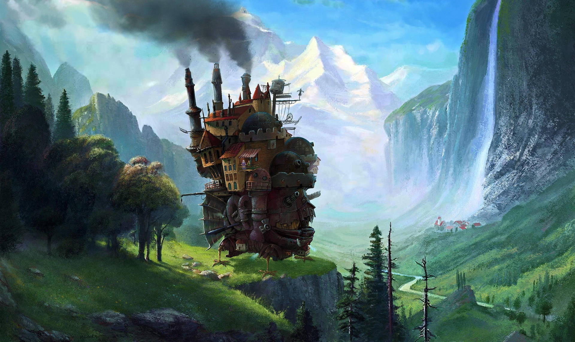 Howl's Moving Castle Under Starlit Sky Wallpaper