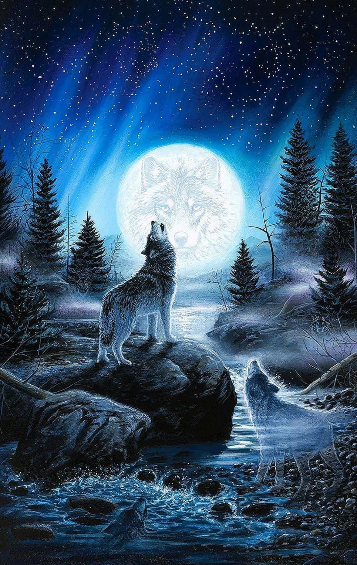 Majestic Howling Wolf in a Night Forest Wallpaper