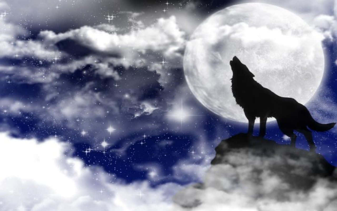 Caption: Majestic Howling Wolf under Moonlit Sky Wallpaper